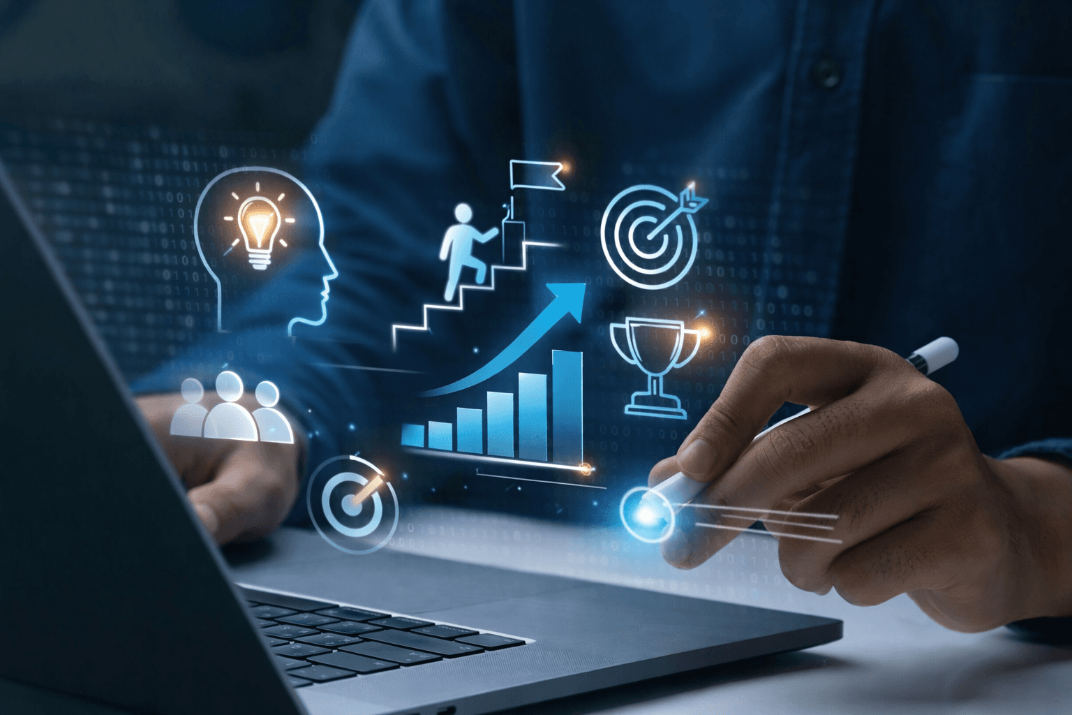 Profesional usando laptop con indicadores de desempeño